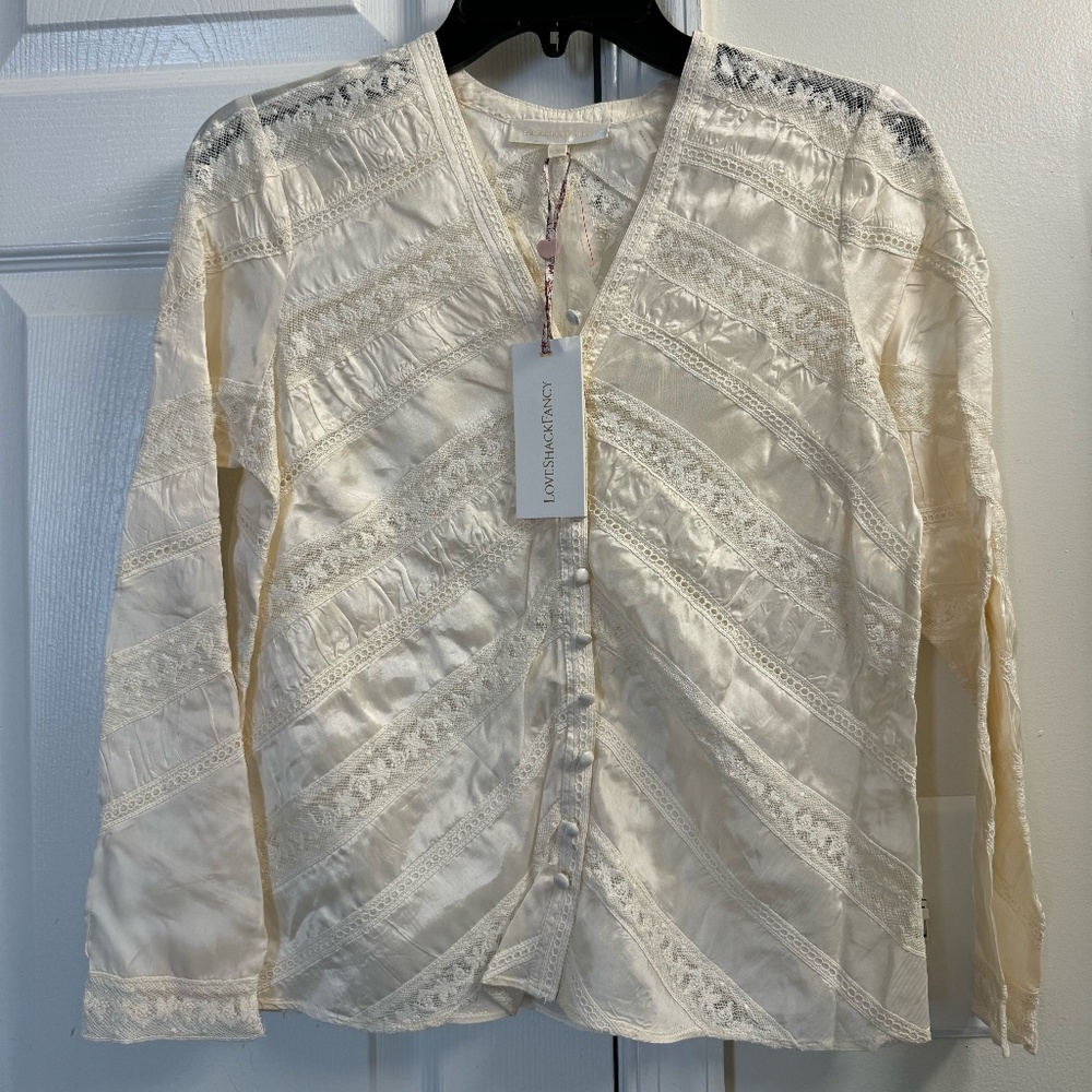 NWT LoveShackFancy Tandra V-Neck Blouse in Antique White Size 0